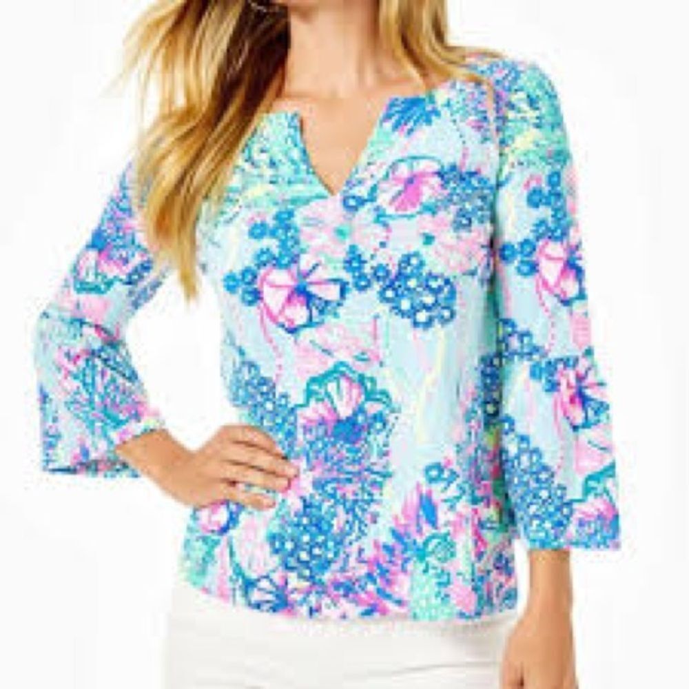 Lilly Pulitzer Ginger Top Floral Green V Neck  SZ XXS NWOT